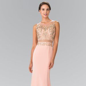 NEW LONG SLEEVELESS SHEATH DRESS EMBROIDERED WITH LACE AND RHINESTONES GL2248